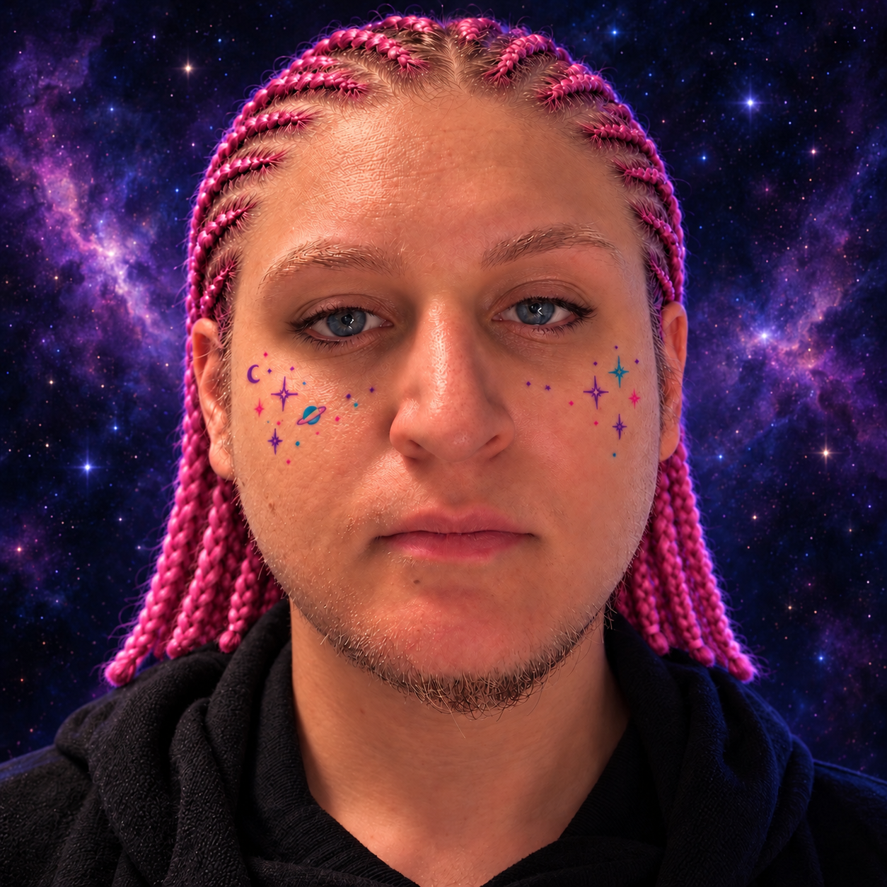 Jake Leviathan with magenta braids and celestial face paint against a violet starfield